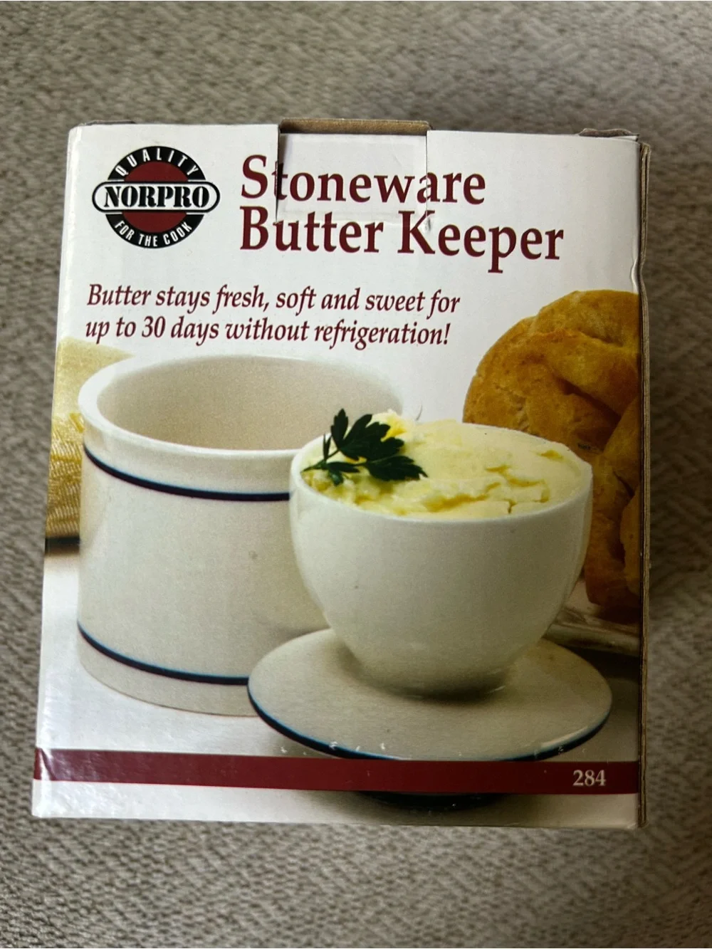 NEW Stoneware Butter Keeper - White with Blue Trim Lidded Crock